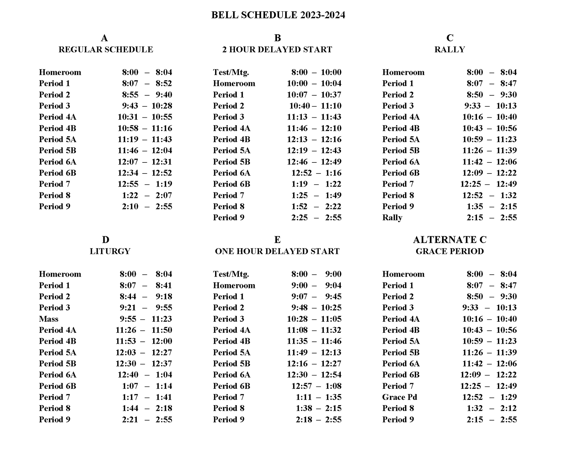 Bell Schedule 20232024 Elyria Catholic High School Elyria, OH